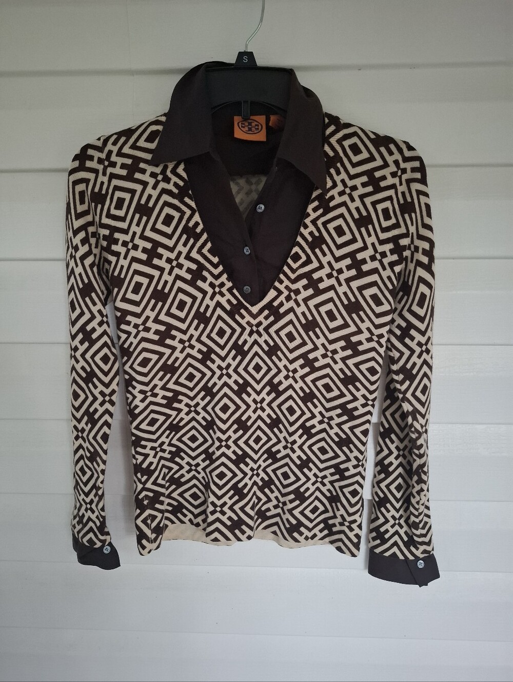 Tory Burch Geometric Wool Knit Top Black Cream Size XS
